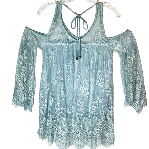 Pol Lace Cold Shoulder Swing Top Mint Green Small - Picture 2 of 9